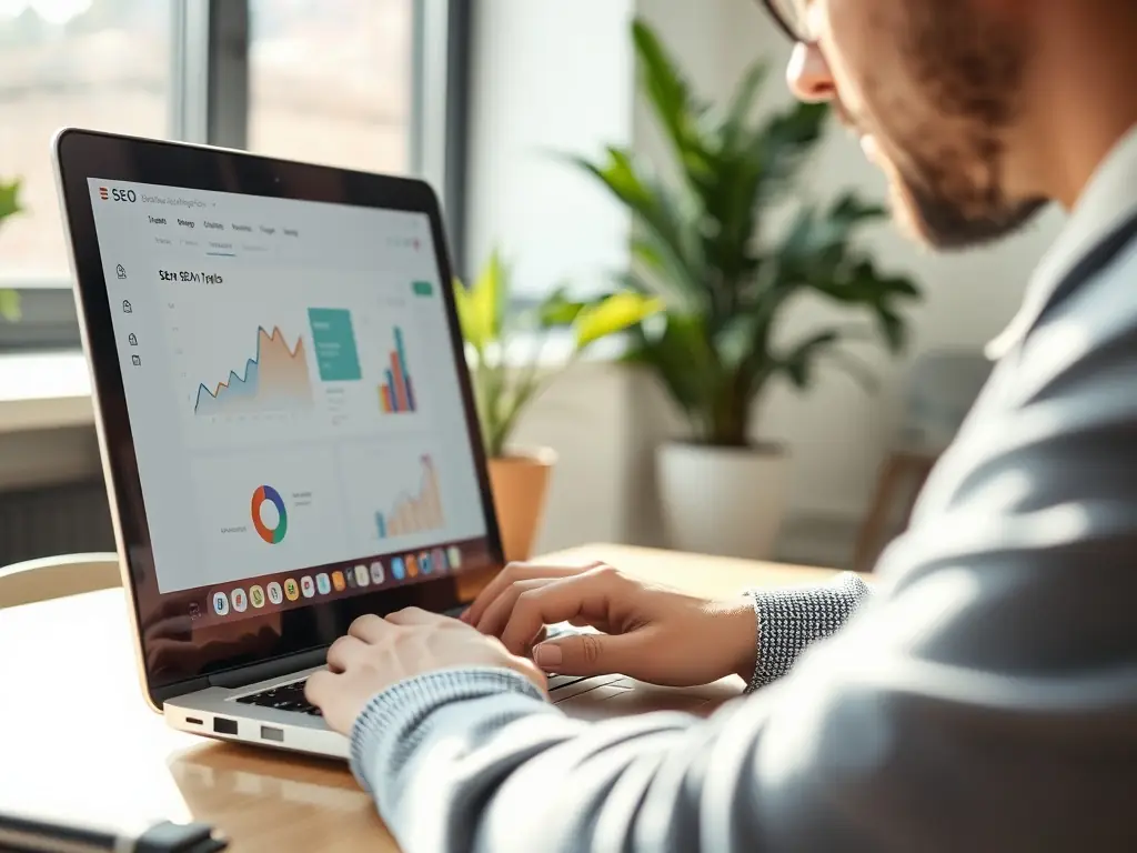 A person using a laptop with a clean, organized interface displaying the AdWeb SEO Optimization Toolkit, showcasing its user-friendly design and comprehensive features.