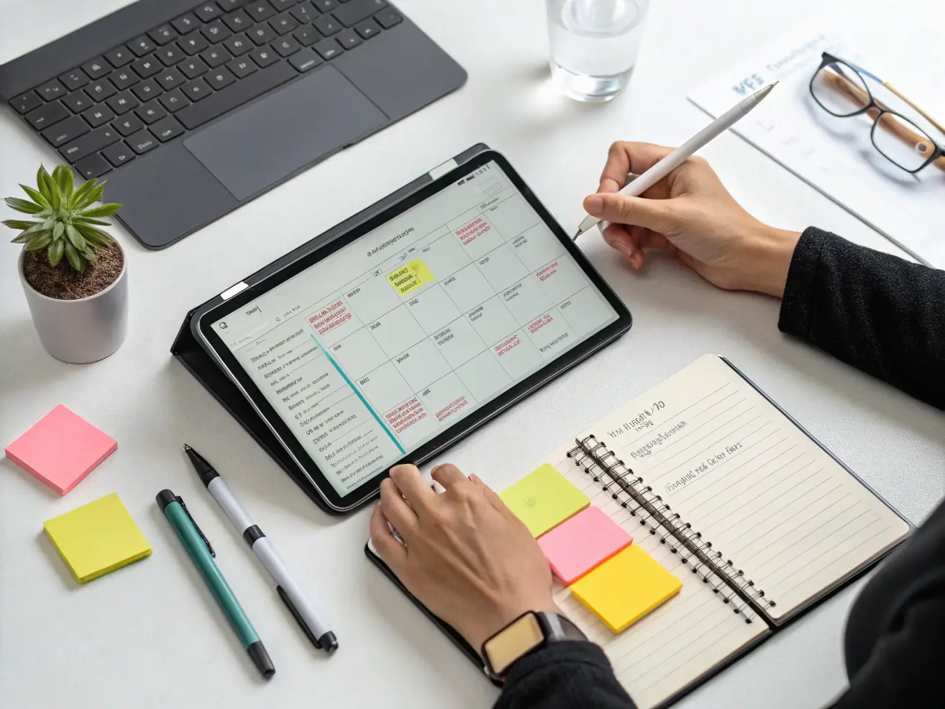 A person using a tablet with a digital planner interface showcasing a calendar view with scheduled content posts, color-coded categories, and performance tracking metrics.
